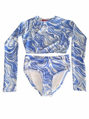 Girls Kanu Surf Blue & White Swirl Crop Rash Guard Set
